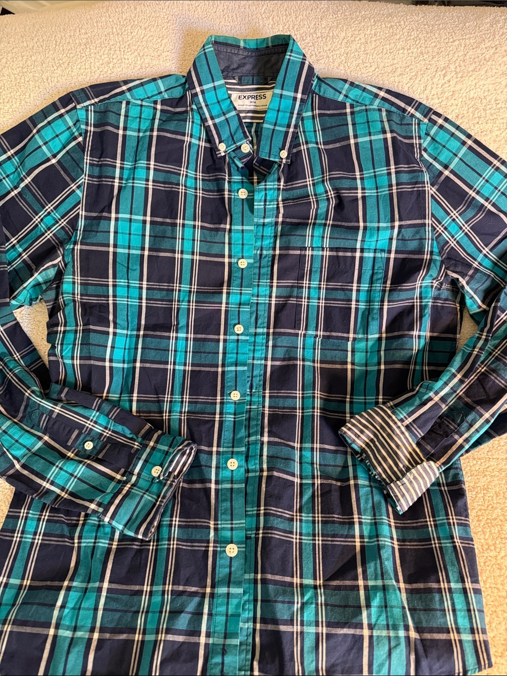 Express Men's Teal & Navy Plaid Button-Down Shirt